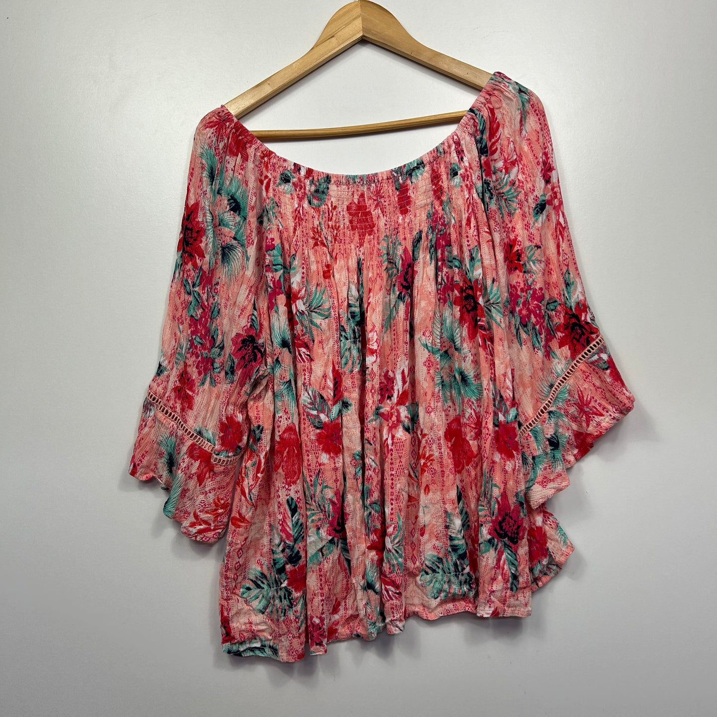 Coral Pink Floral Off-Shoulder Top with Ladder Lace Trim - Size 18/20?