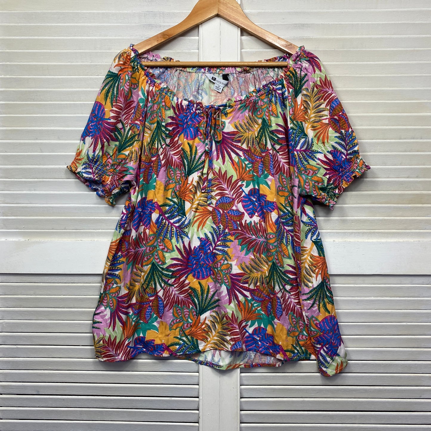 Rockmans Top Size 14 Multicoloured Floral Short Sleeve Viscose