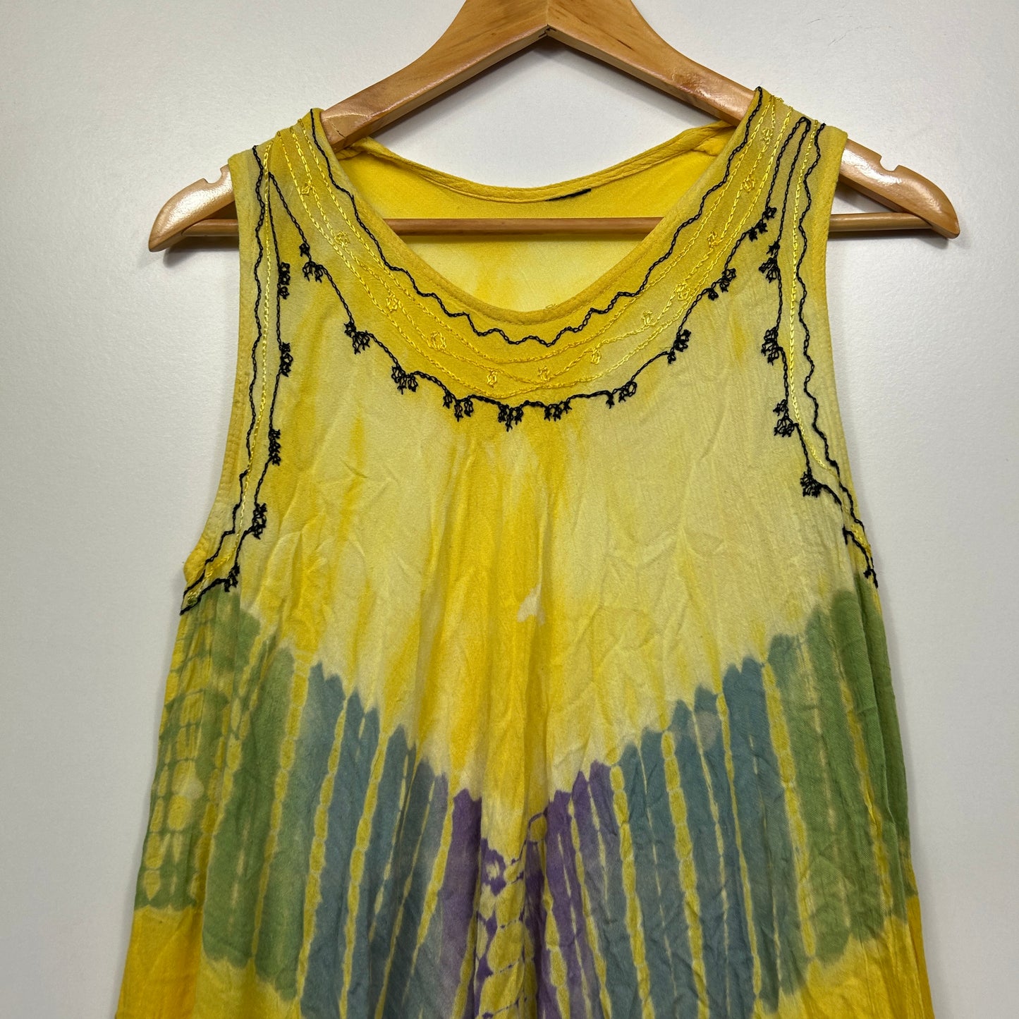 Yellow Tie-Dye Sleeveless Dress with Embroidered Detail - One Size