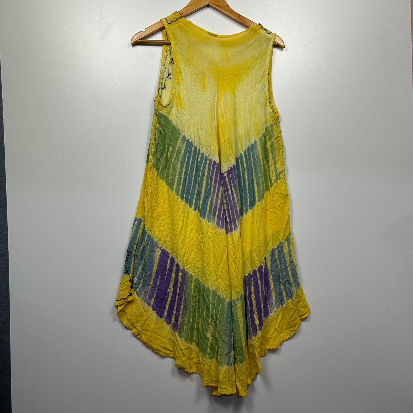 Yellow Tie-Dye Sleeveless Dress with Embroidered Detail - One Size
