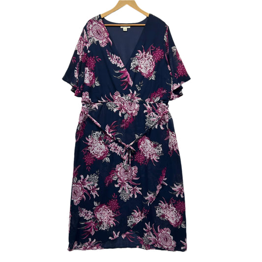 beme Dress Size 20 Blue Pink Floral Short Sleeve Belted Midi Length