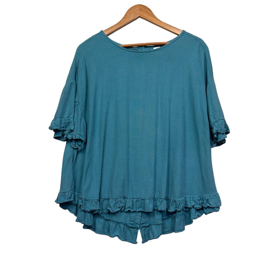Anko Linen Top Size 16 Teal Short Sleeve Ruffle