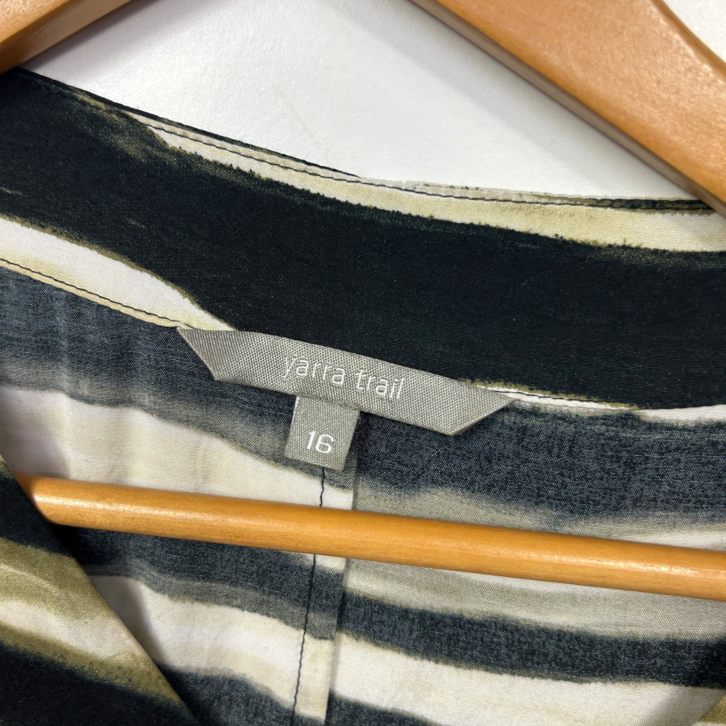 Yarra Trail Black Cream Olive Green Stripe Print Dress - Size 16