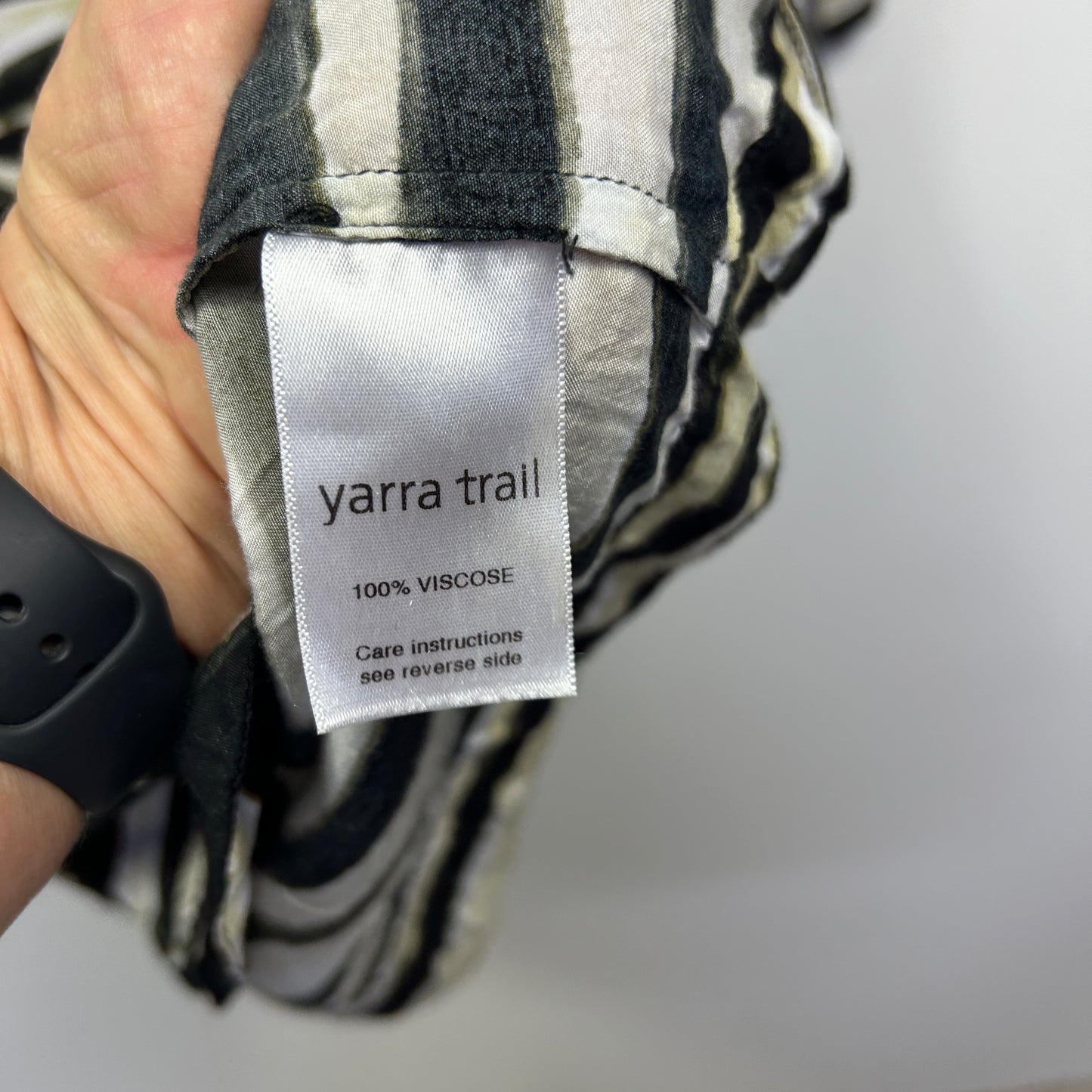 Yarra Trail Black Cream Olive Green Stripe Print Dress - Size 16