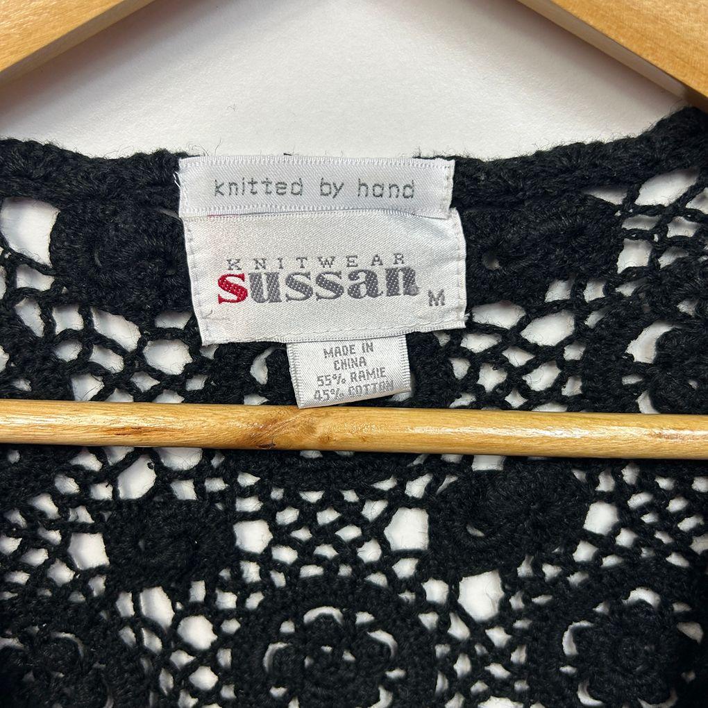 Vintage Sussan Black Hand Knitted Cotton Cardigan - Size 12/14