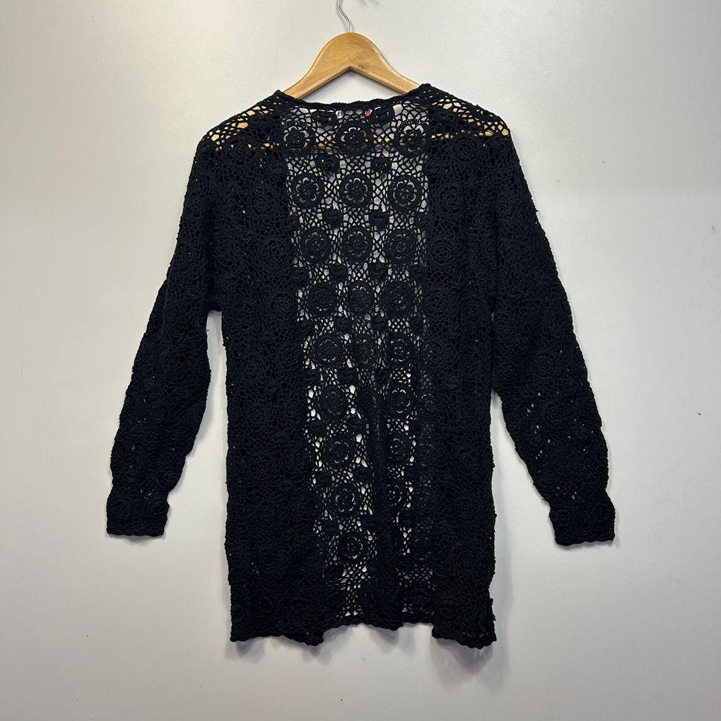 Vintage Sussan Black Hand Knitted Cotton Cardigan - Size 12/14