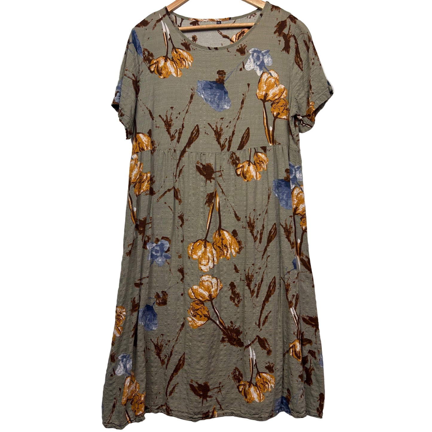 Olive Green Floral Maxi Dress Size 18 20 Short Sleeve Midi Length Rayon?