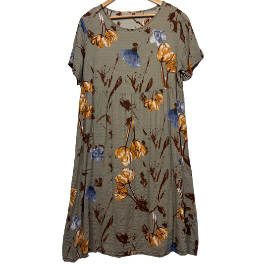 Olive Green Floral Maxi Dress Size 18 20 Short Sleeve Midi Length Rayon?