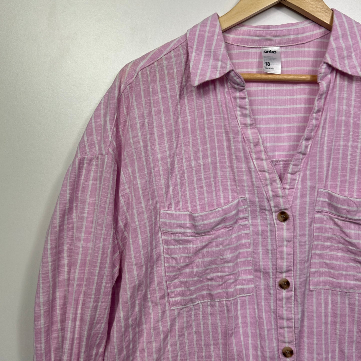 Anko Pink Striped Cotton Button-Up Roll Tab Sleeve Shirt  - Size 18