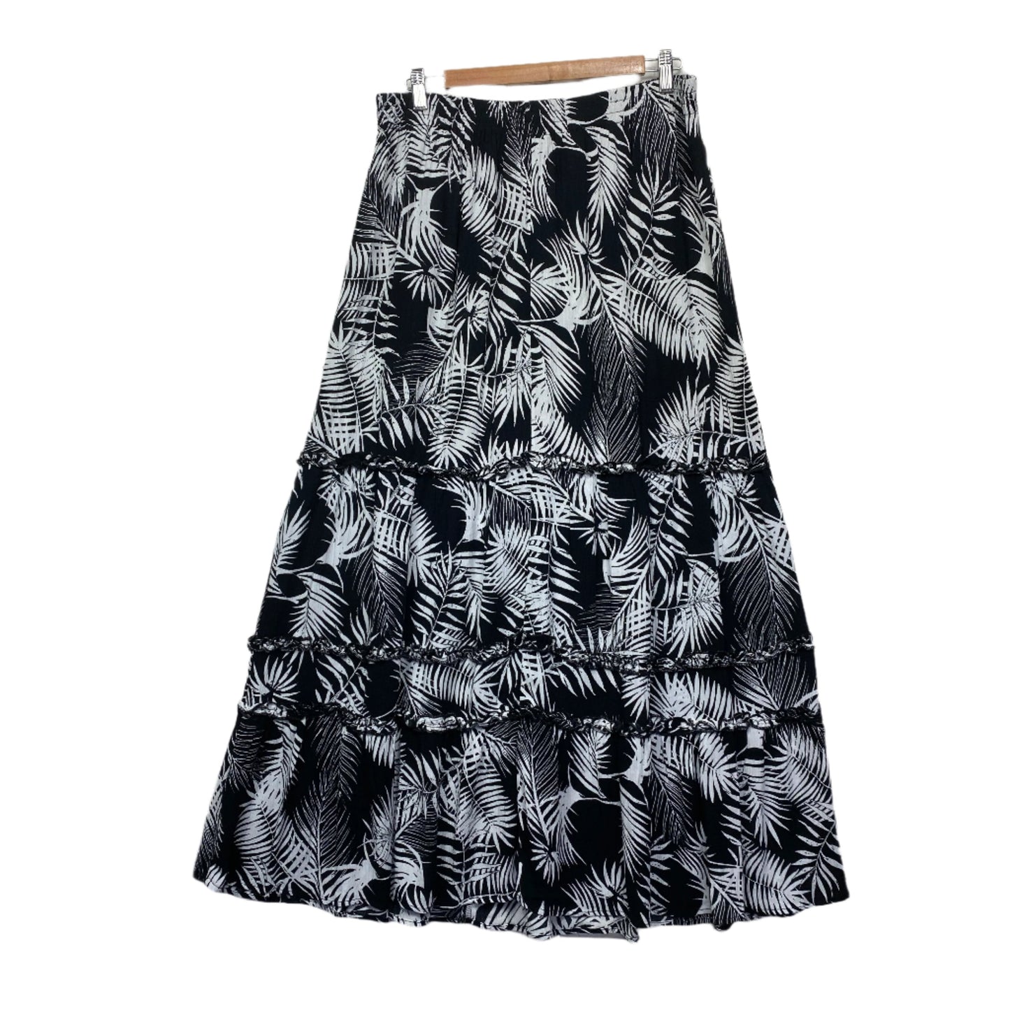 Rockmans Maxi Skirt Size 14 Black White Floral Leaf Elastic Waist Viscose