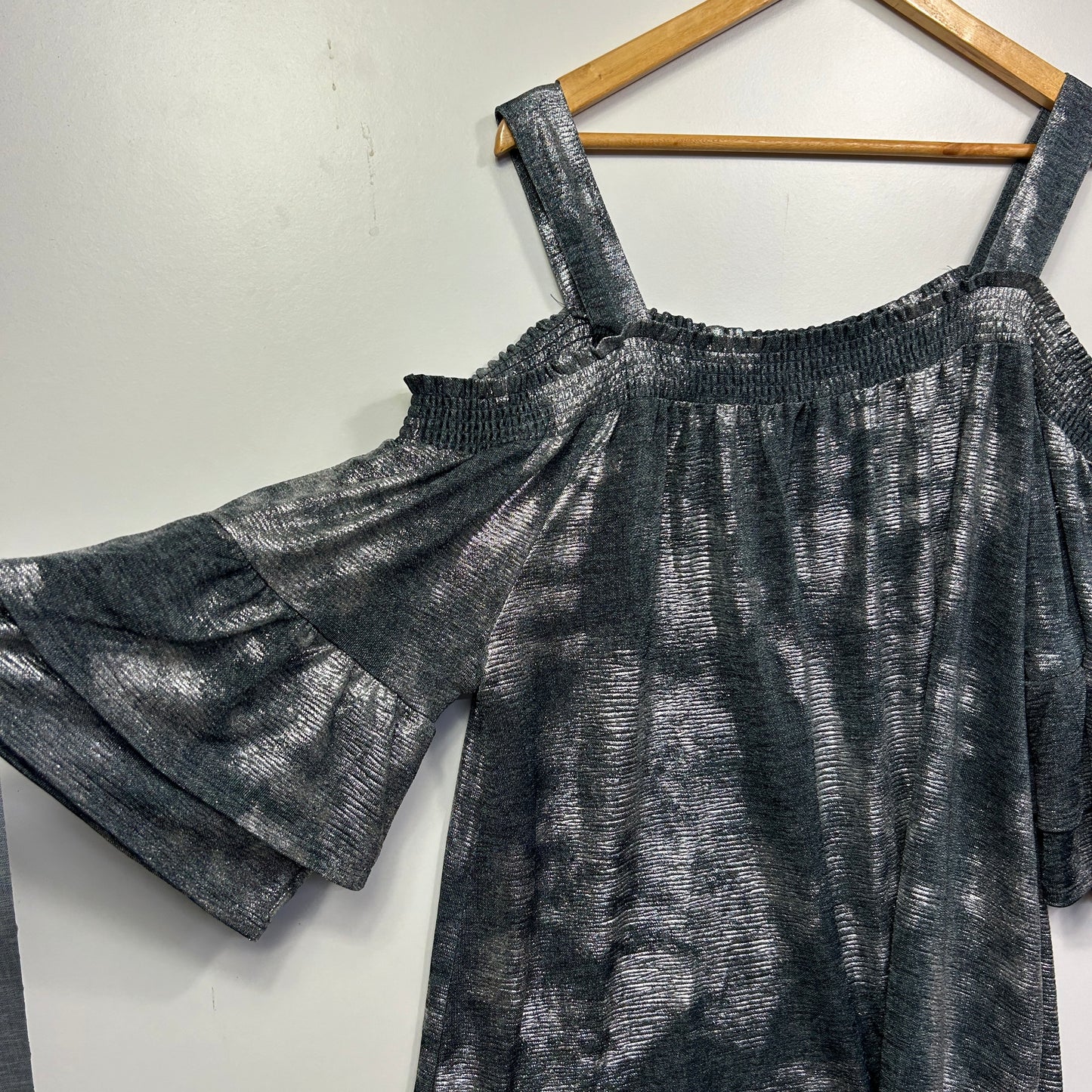 Virtuelle Black Silver Metallic Cold Shoulder Top - Size 18/M