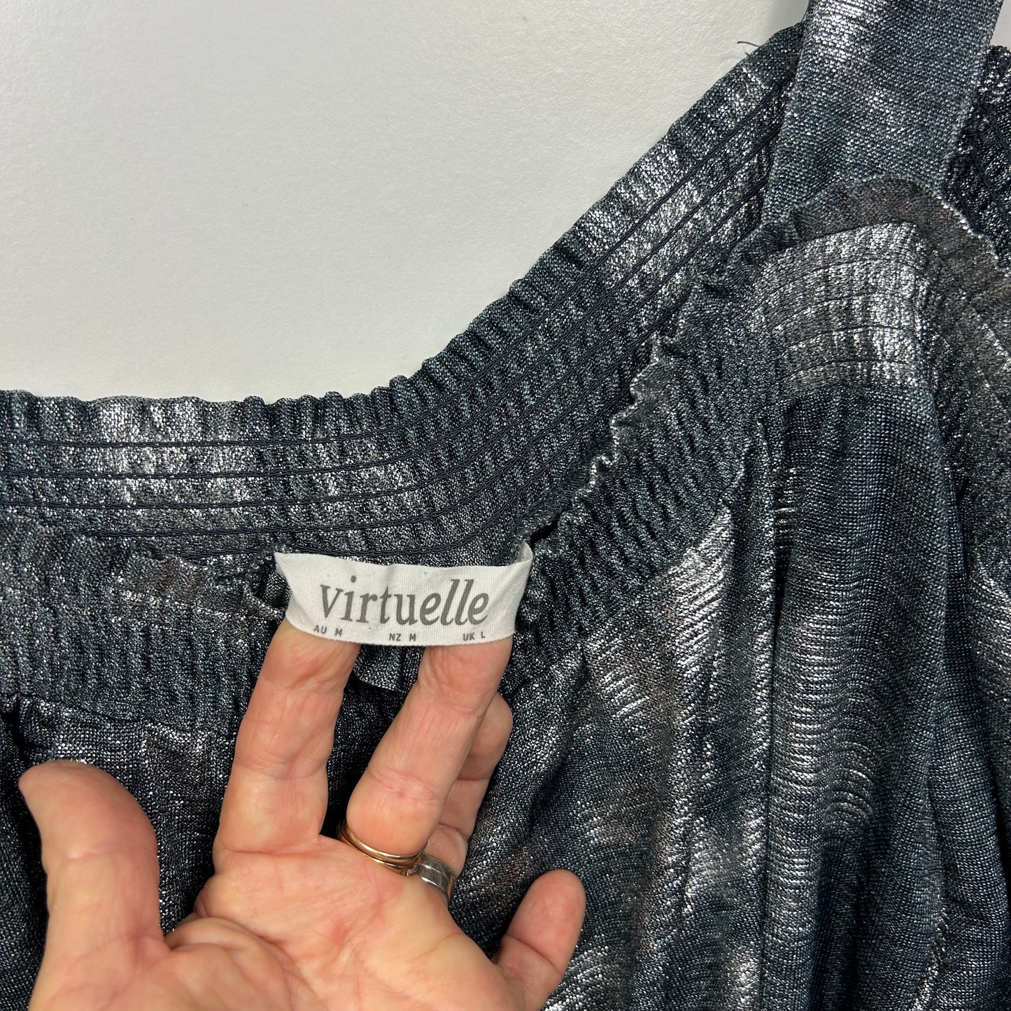 Virtuelle Black Silver Metallic Cold Shoulder Top - Size 18/M