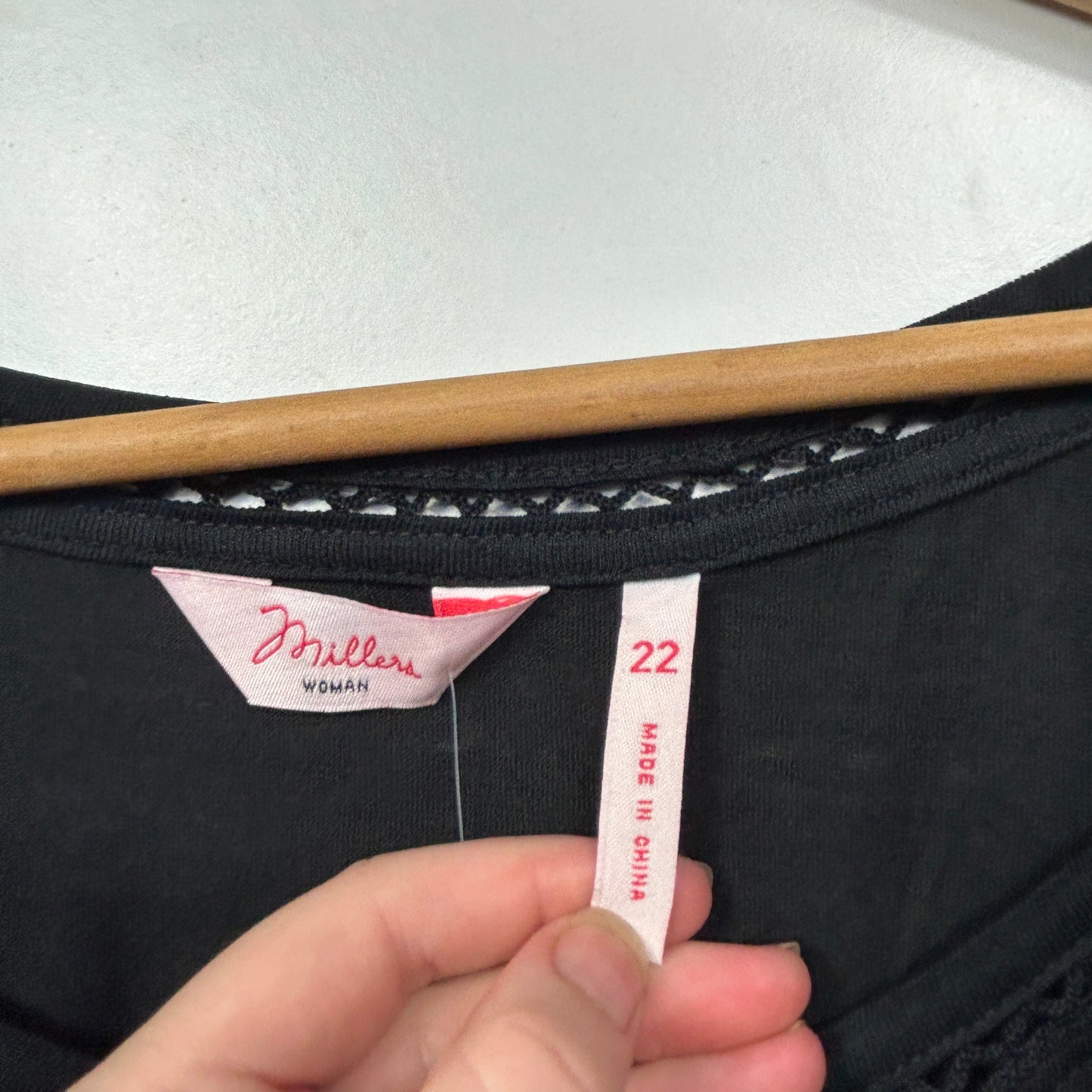 Millers Black T-Shirt with Crochet Neckline Trim -  Size 22