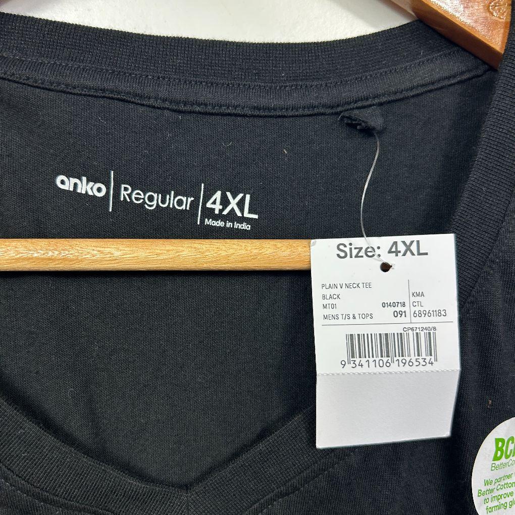 Anko Black Cotton V-Neck Mens T-Shirt - Size 4XL