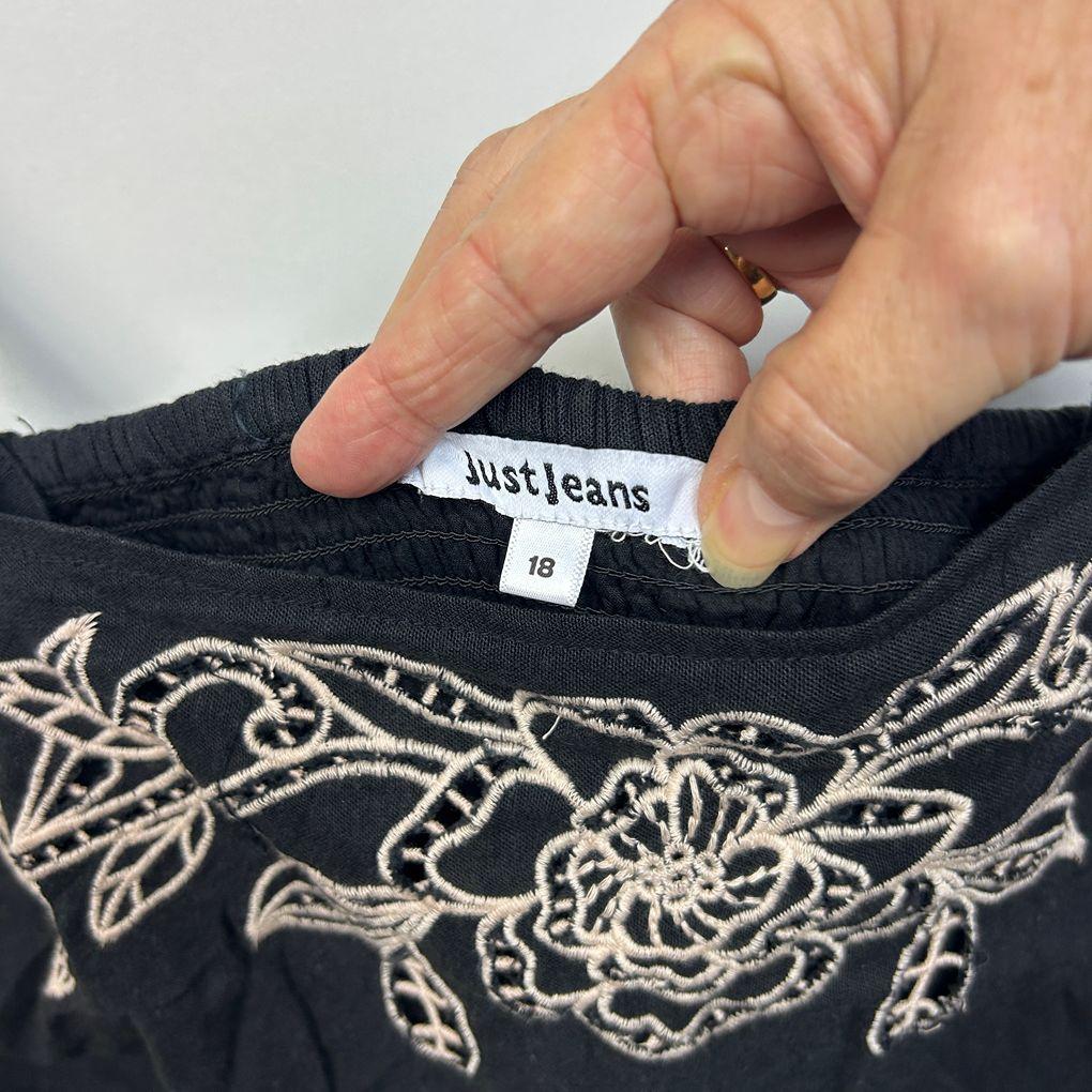 Just Jeans Black Linen Embroidered Dress - Size 18