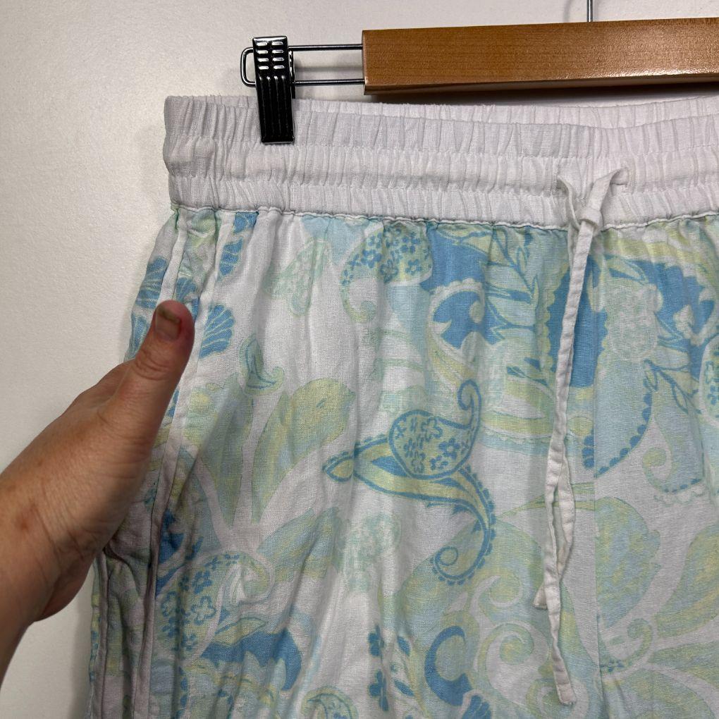 Woman Blue Floral Linen Wide-Leg Pants - Size 14