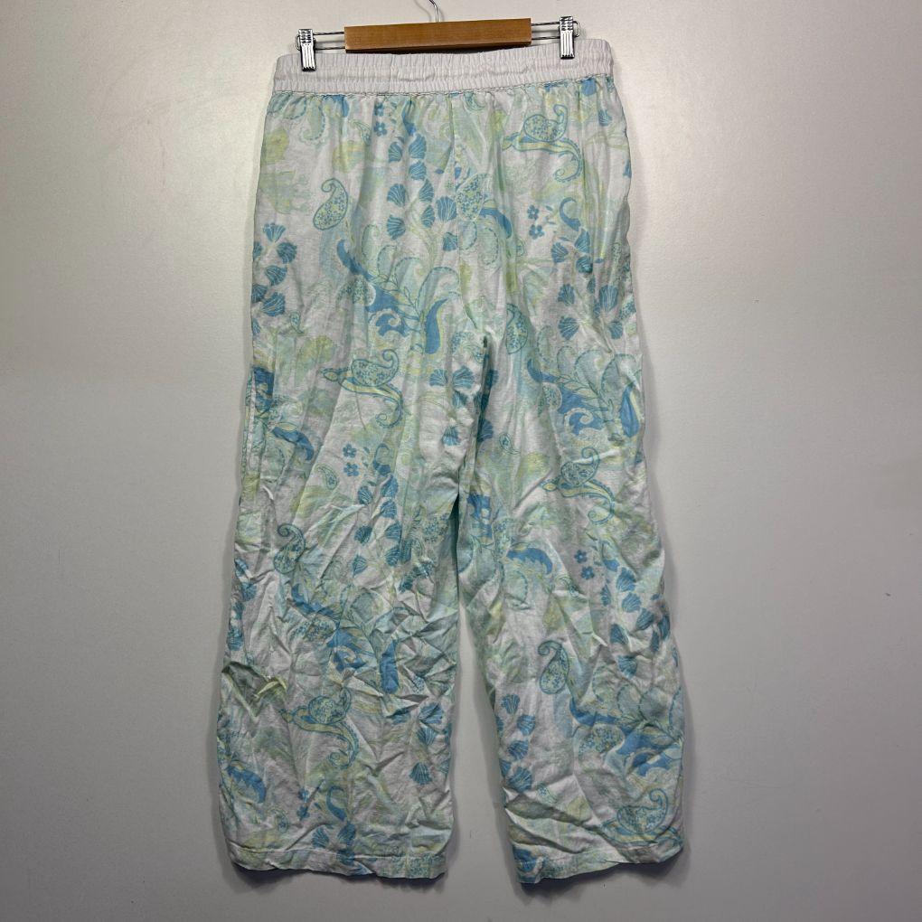 Woman Blue Floral Linen Wide-Leg Pants - Size 14