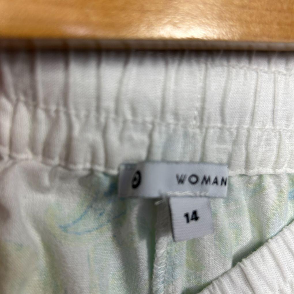 Woman Blue Floral Linen Wide-Leg Pants - Size 14