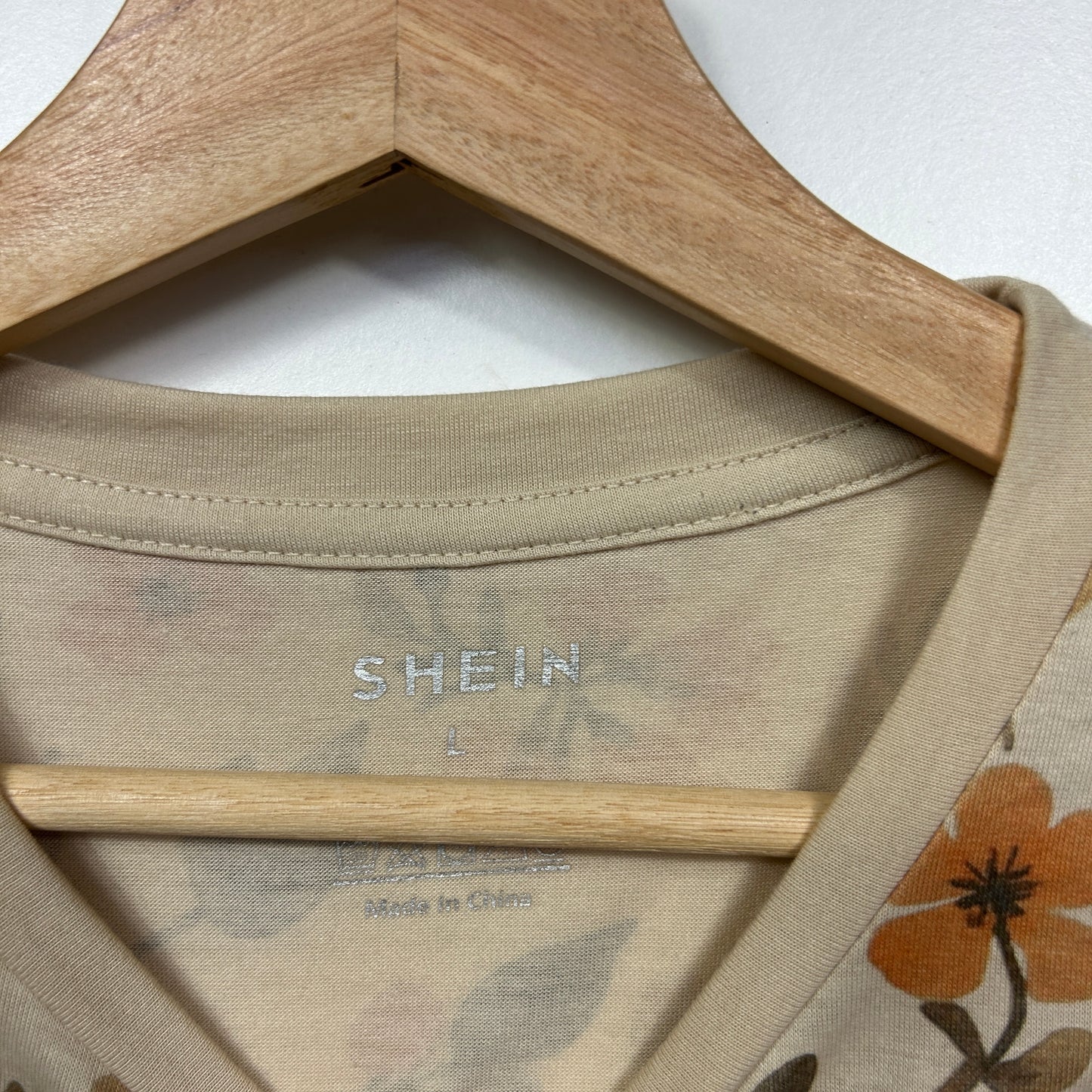 Shein Beige Floral Print T-Shirt - Size L