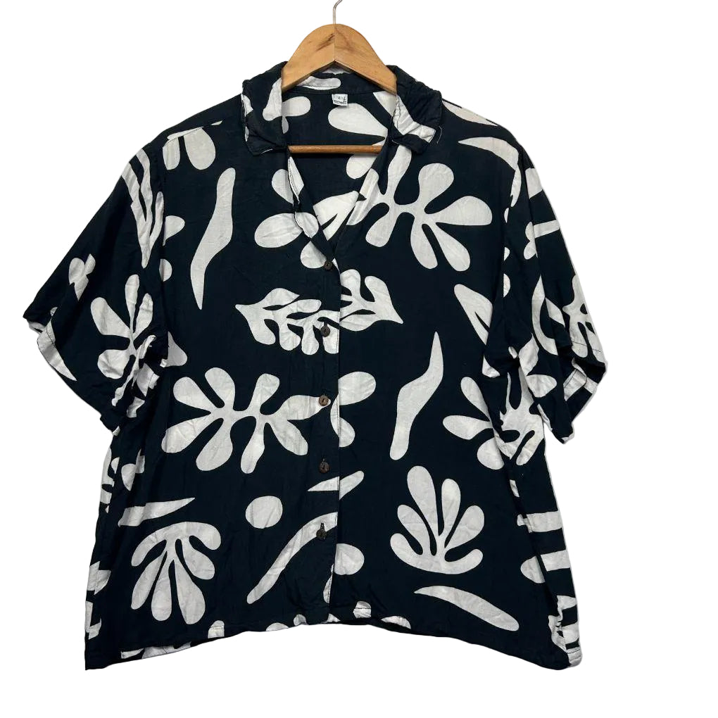 Black White Floral Tropical Shirt - Size L