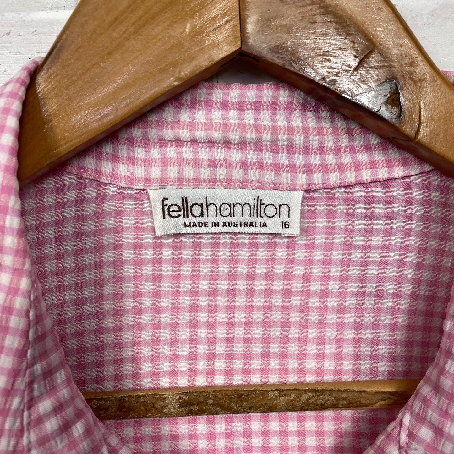 Fella Hamilton Top Size 16 Long Sleeve Pink Gingham Check Button