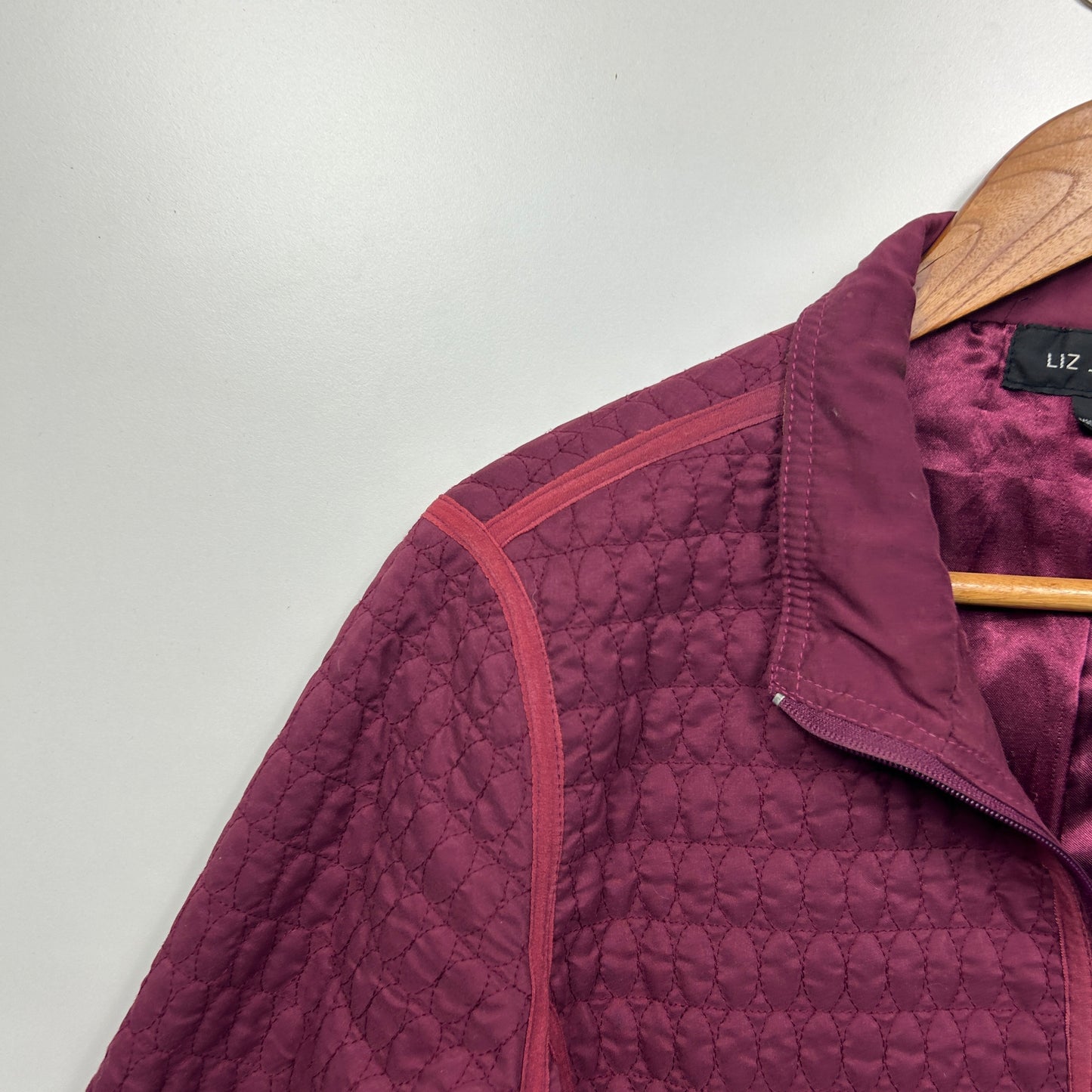 Liz Jordan Quilted Jacket Size Large 14 Maroon Pockets Long Sleeve