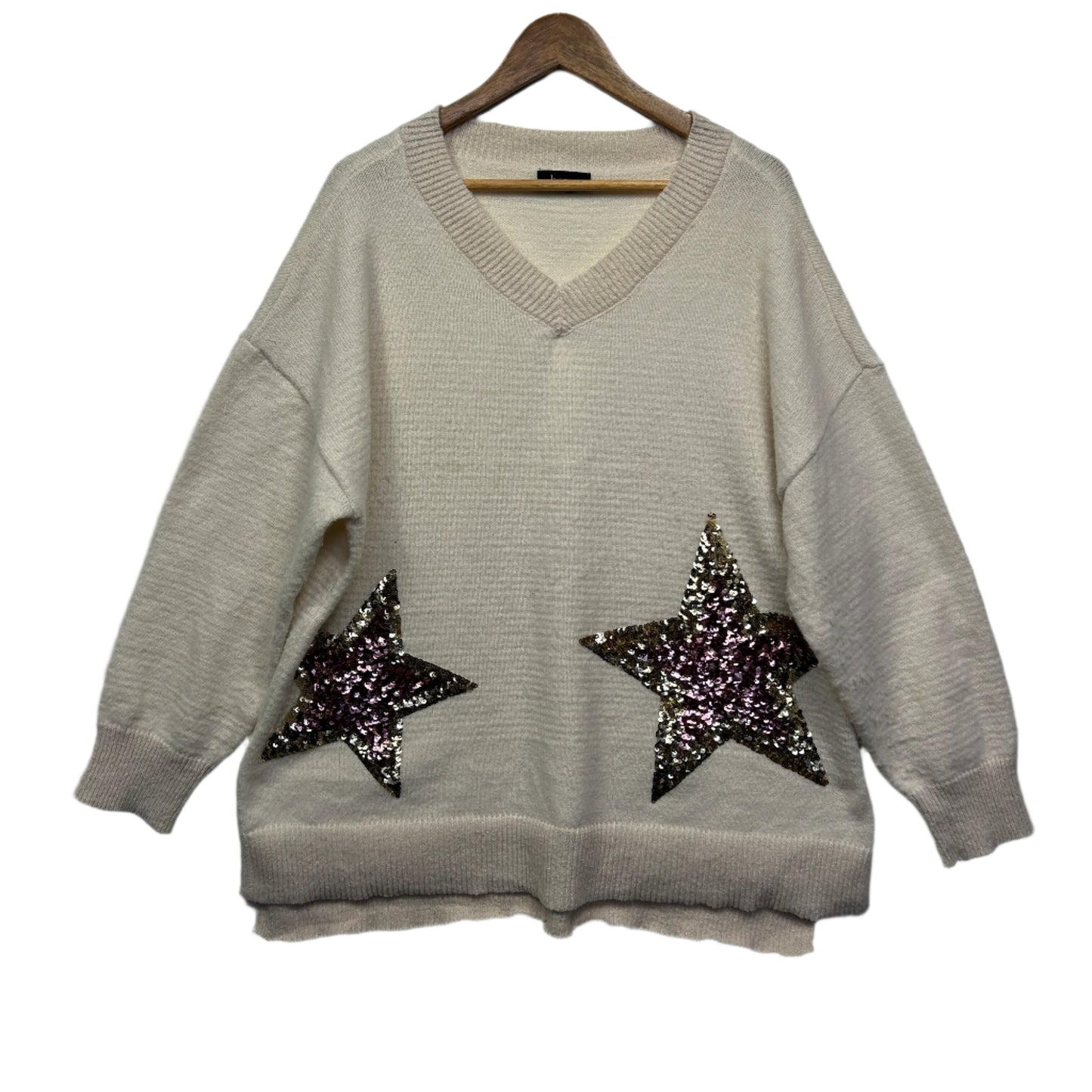 beme Jumper Size 16 18 Cream Stars Sequins Long Sleeve