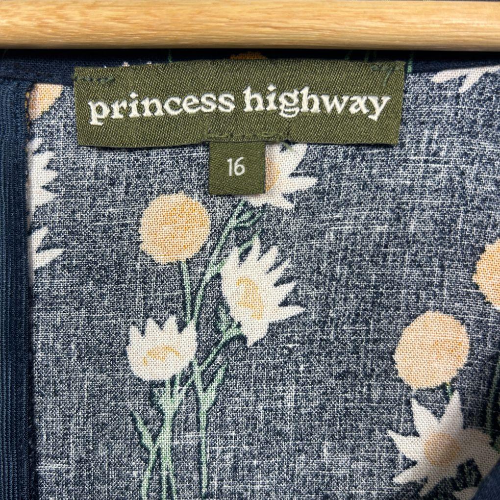 Princess Highway Navy Linen Blend Floral Dress - Size 16