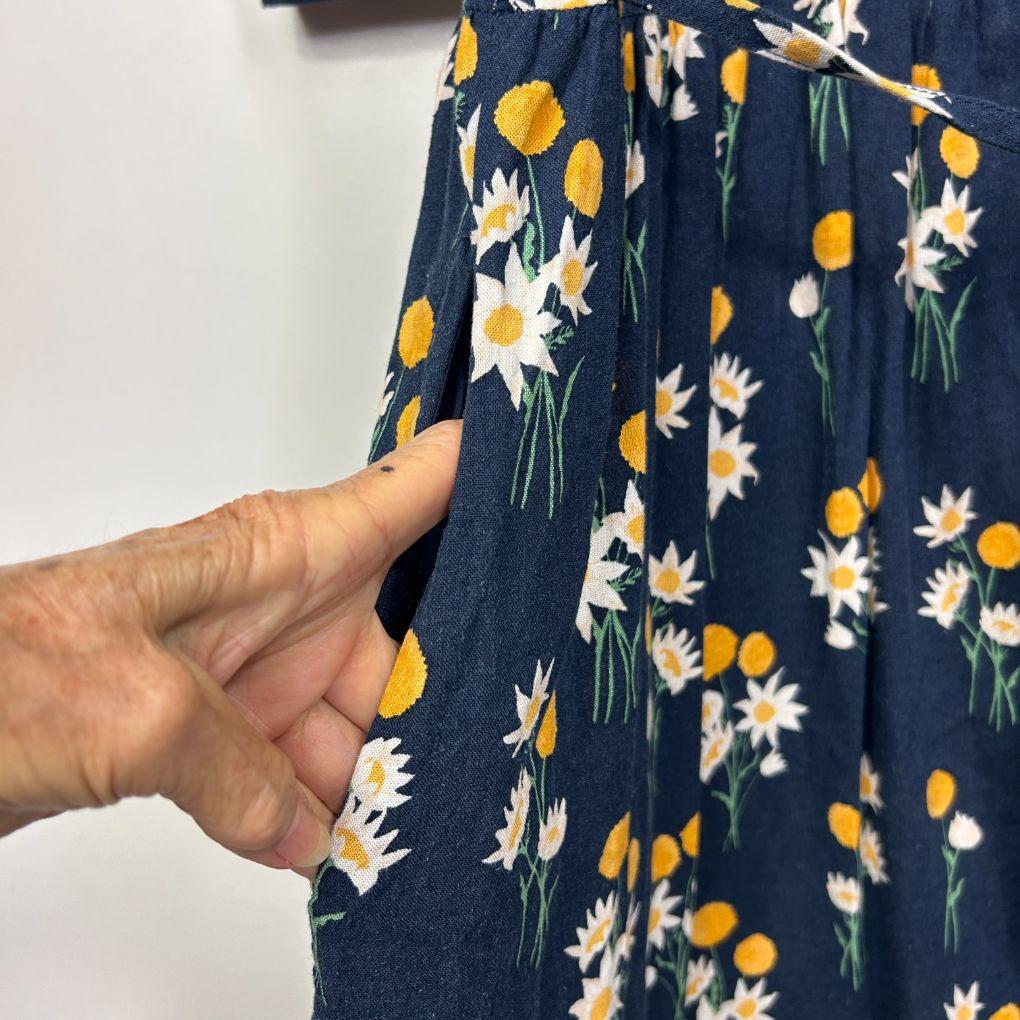 Princess Highway Navy Linen Blend Floral Dress - Size 16