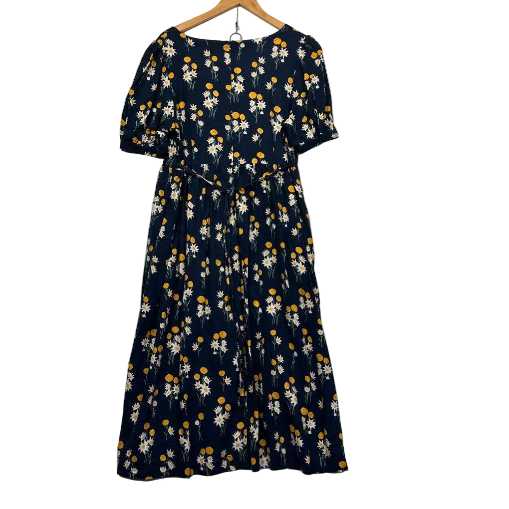 Princess Highway Navy Linen Blend Floral Dress - Size 16