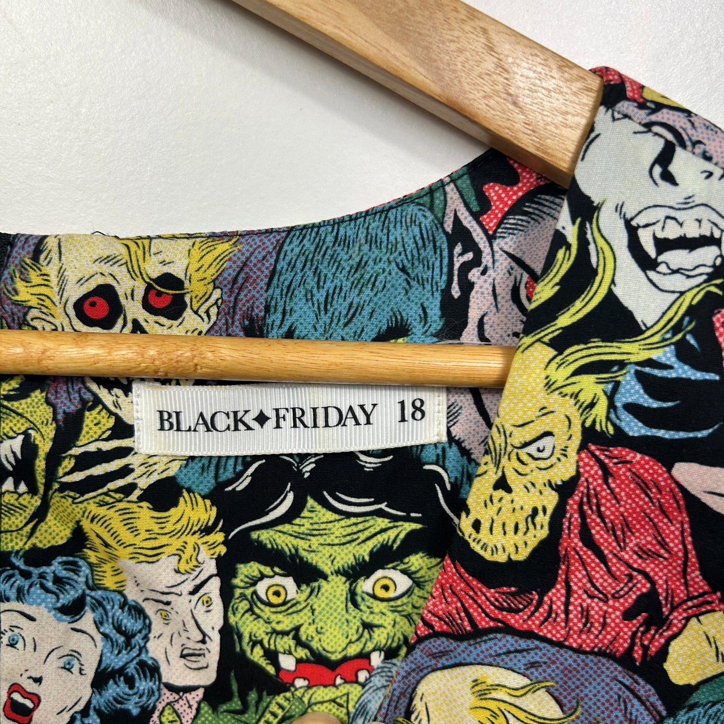 Black Friday Multicoloured Horror Comic Print Sleeveless Dress - Size 18