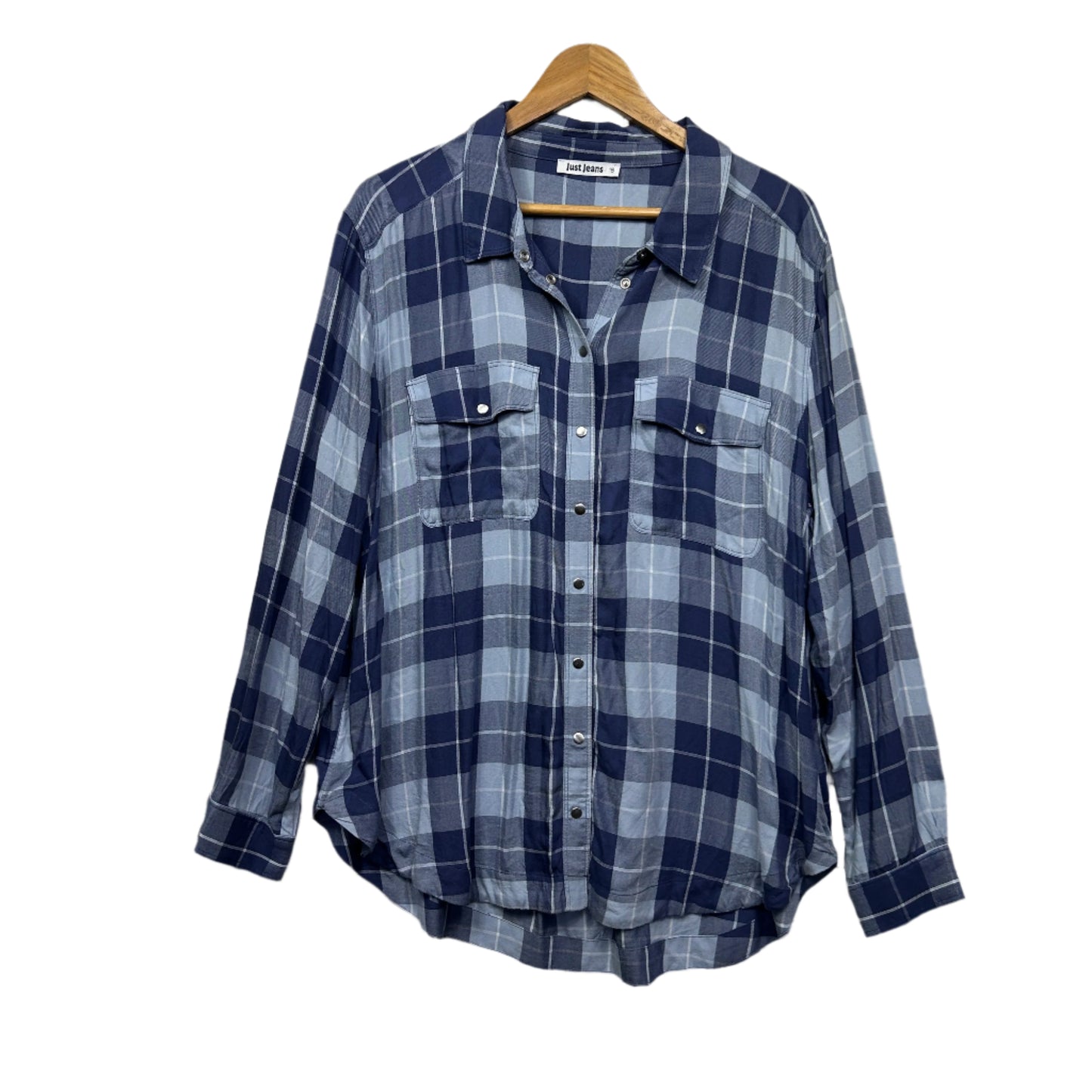 Just Jeans Top Size 16 Blue Check Snap Closure Long Sleeve Viscose