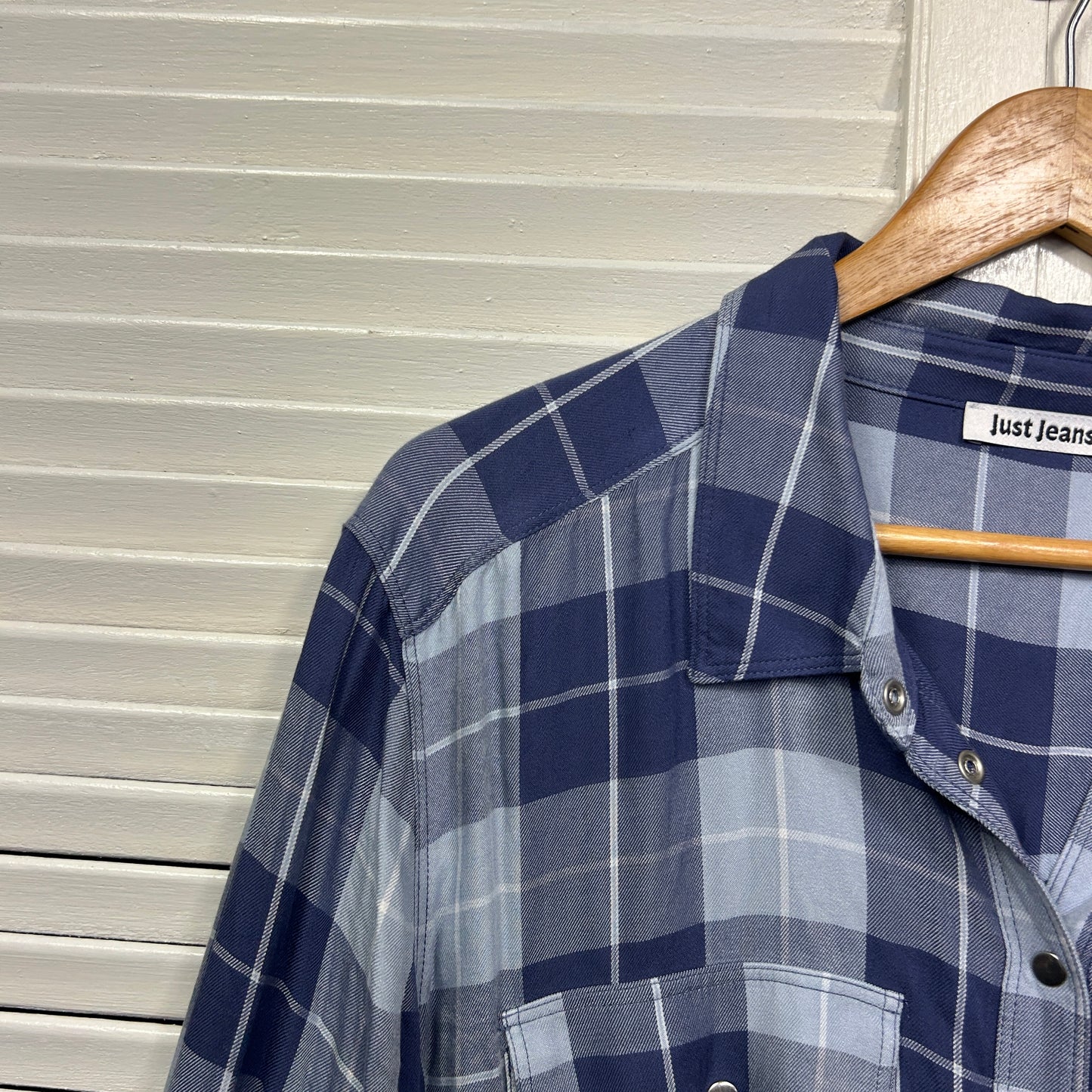 Just Jeans Top Size 16 Blue Check Snap Closure Long Sleeve Viscose