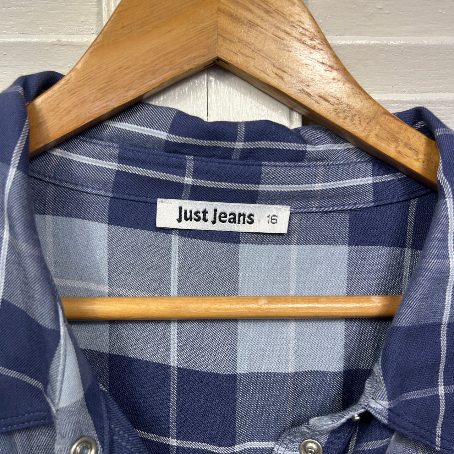 Just Jeans Top Size 16 Blue Check Snap Closure Long Sleeve Viscose