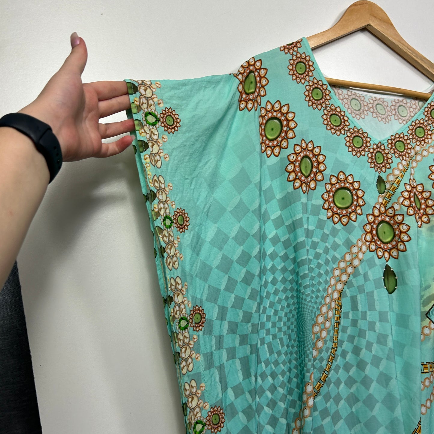 Turquoise Kaftan Dress with Leopard Print - One Size