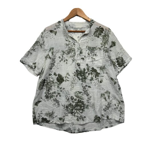 Linen Blend Top 16? White Green Floral Short Sleeve