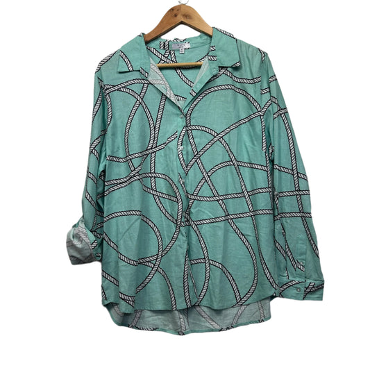 W Lane Linen Top Size 16 Aqua Long Roll Tab Sleeve