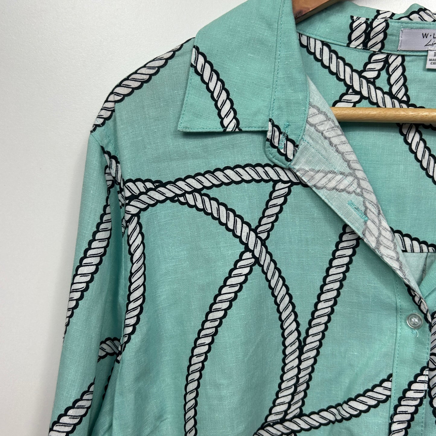 W Lane Linen Top Size 16 Aqua Long Roll Tab Sleeve