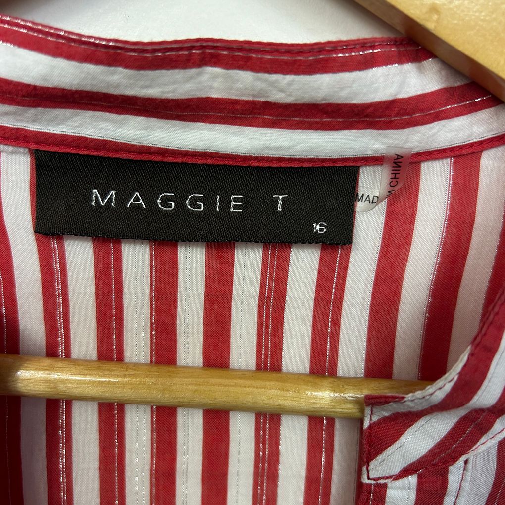 Maggie T Red Cotton Striped Shirt - Size 16