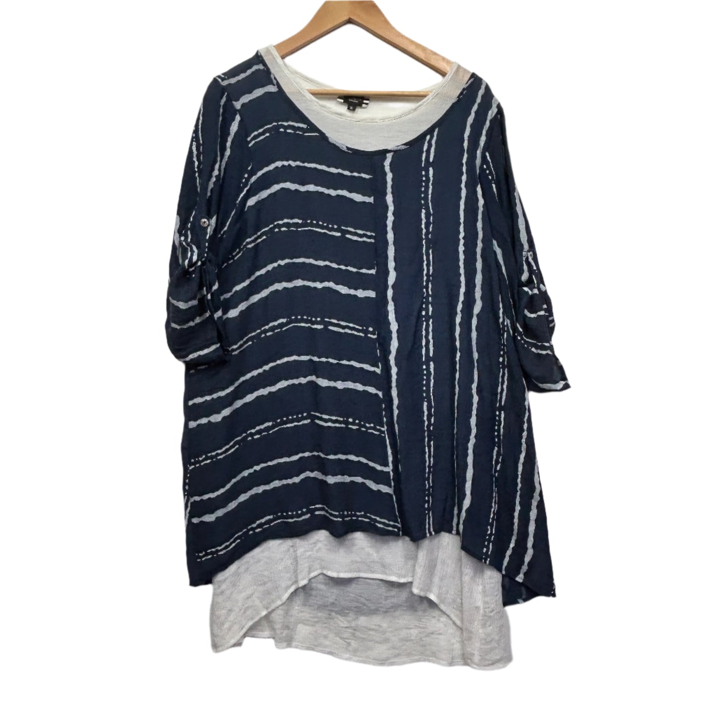 Clarity by Threadz Tunic Top Size 16 XL Navy White Layered Roll Tab Sleeve
