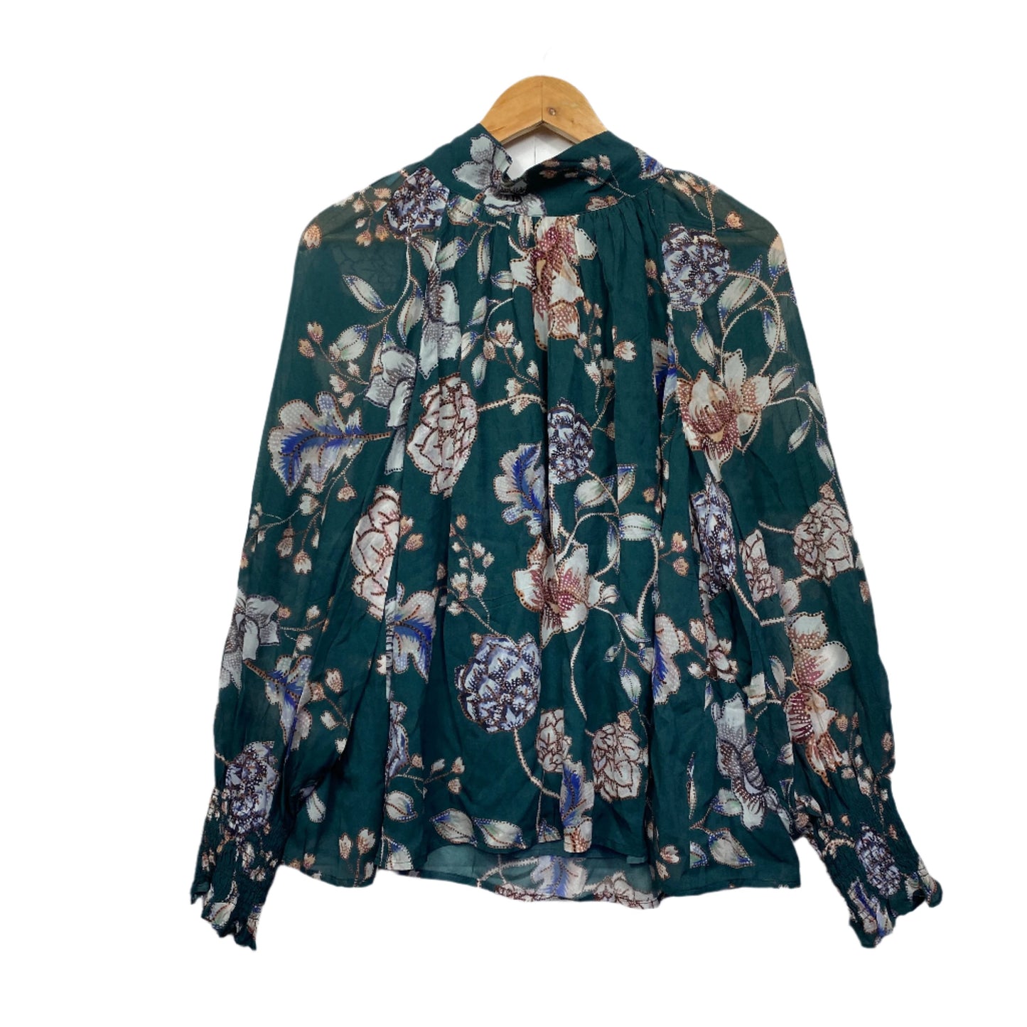 Sussan Top Size 14 Green Floral Lined Long Billow Sleeve