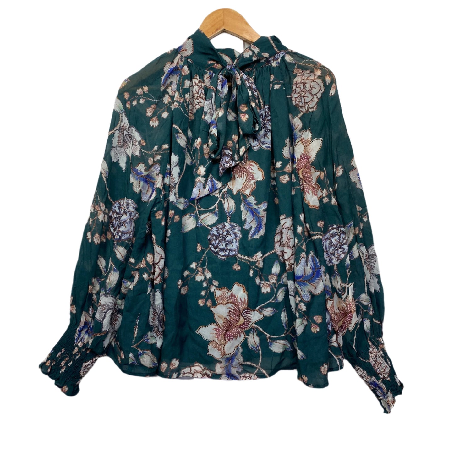 Sussan Top Size 14 Green Floral Lined Long Billow Sleeve