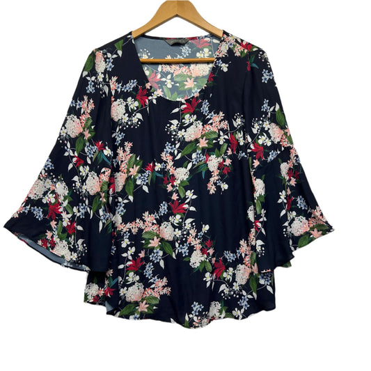 Jacqui E Top Size 16 Floral Long Bell Sleeve Multicoloured