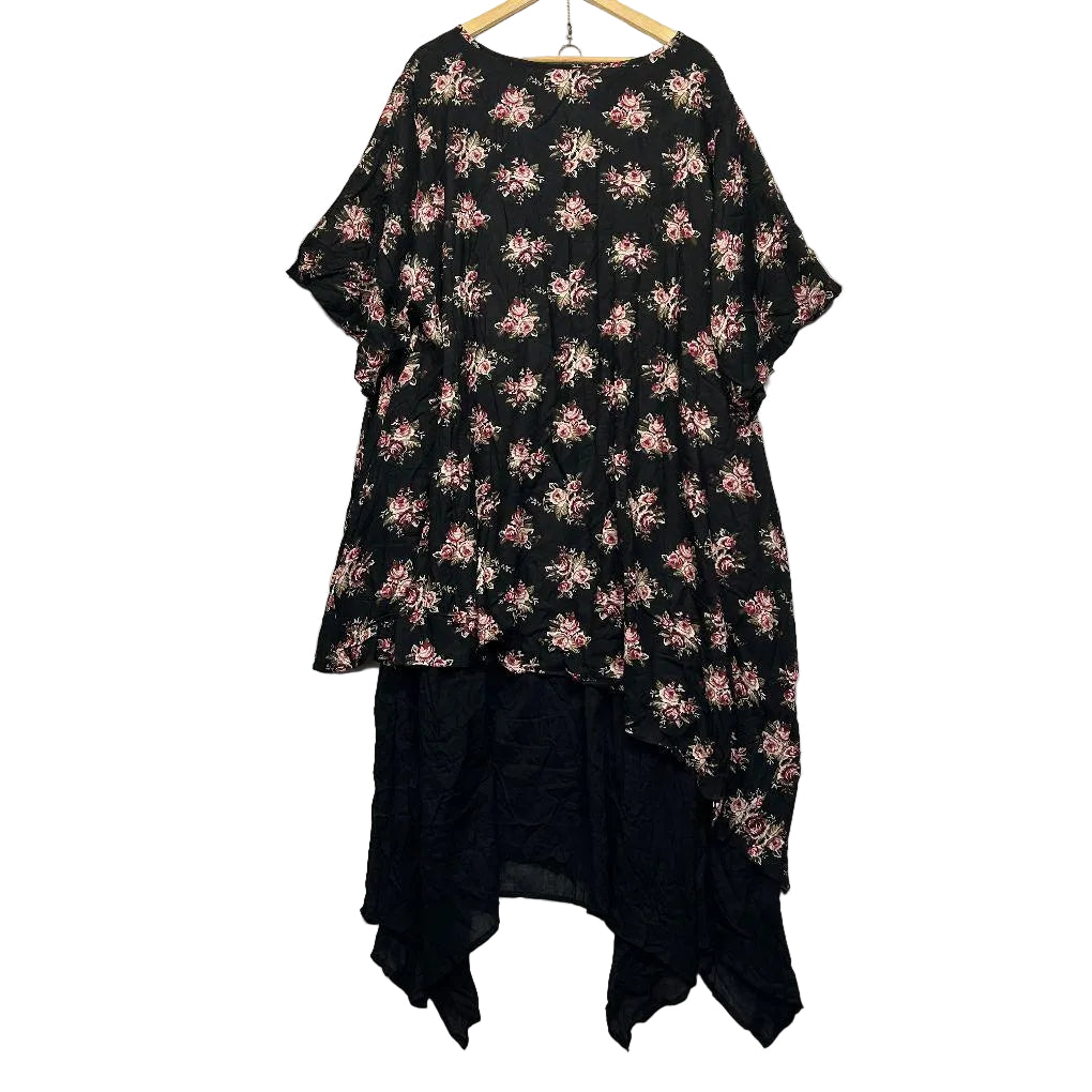 Curvaceous Black Floral Cotton Layered Dress - Size 2XL