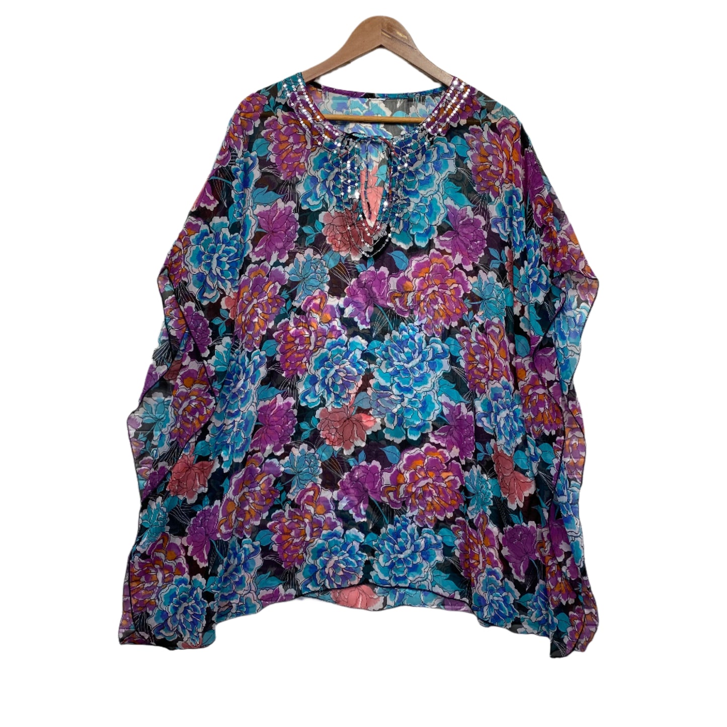 Tunic Swim Cover Up Top Size 18-20 Floral Multicoloured Short Sleeve Sequins