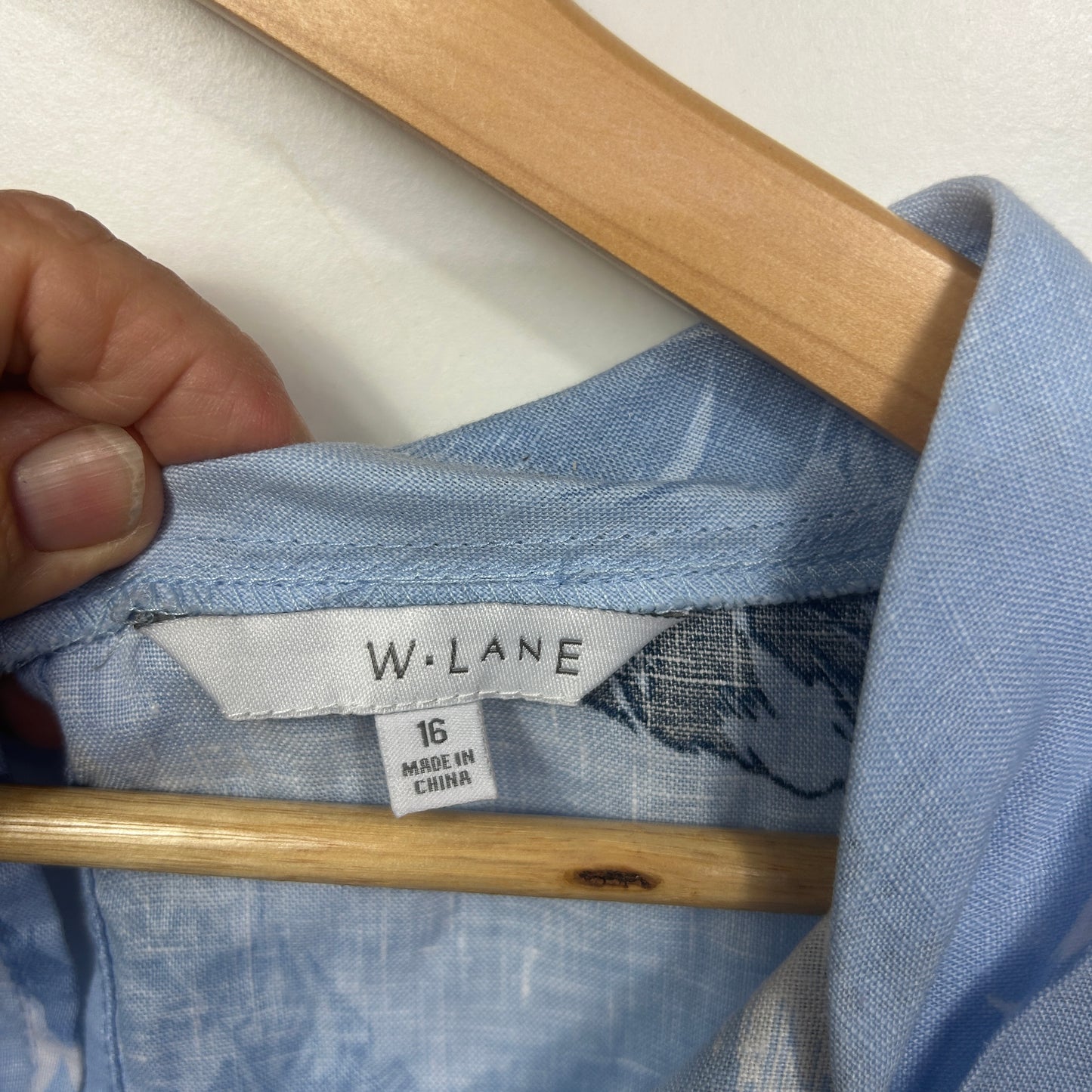 W Lane Blue Feather Print Linen Top - Size 16