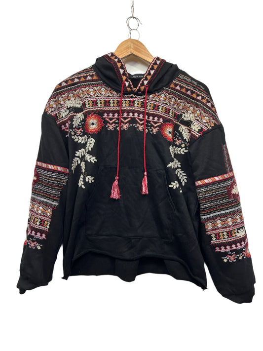 BBWM Sweater Pull Over Size 14 Large Black Embroidered Boho Hooded