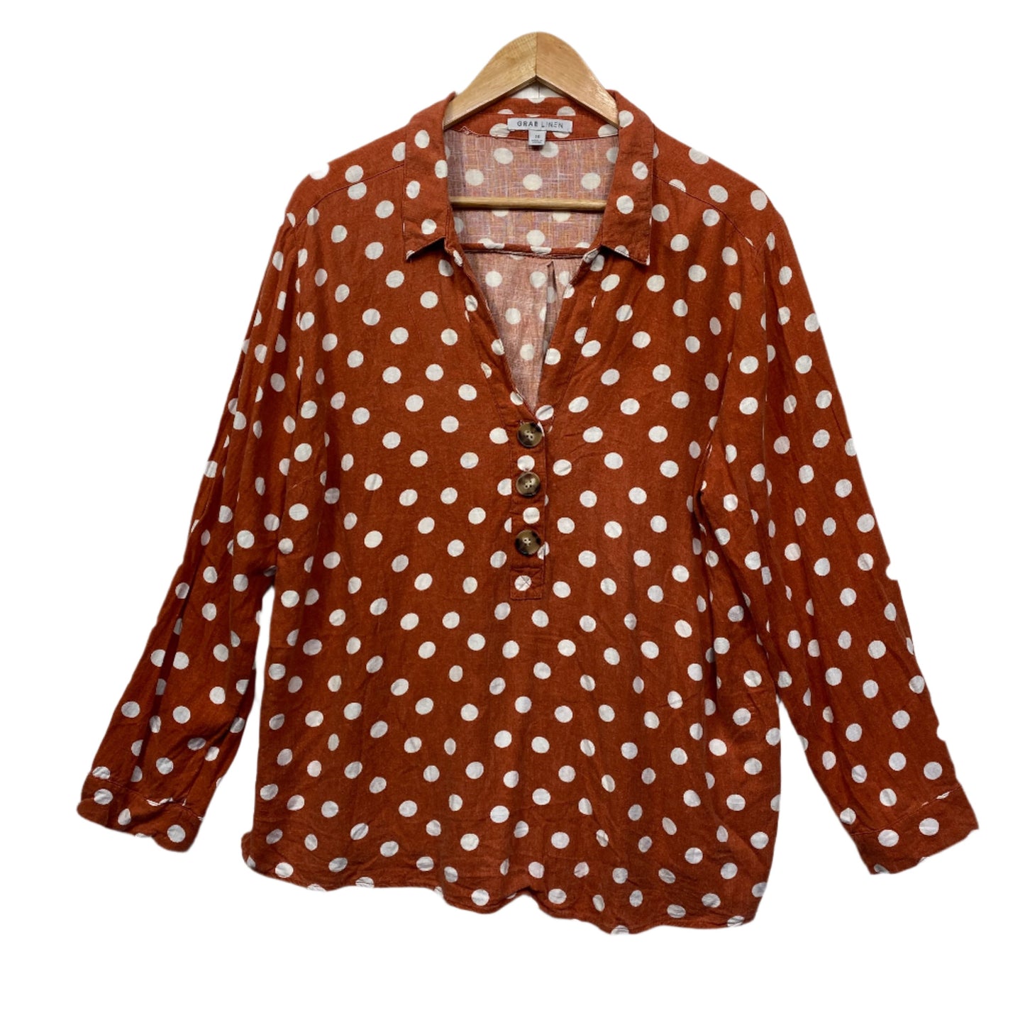 Suzanne Grae Linen Top Size 16 Rust White Polka Dots