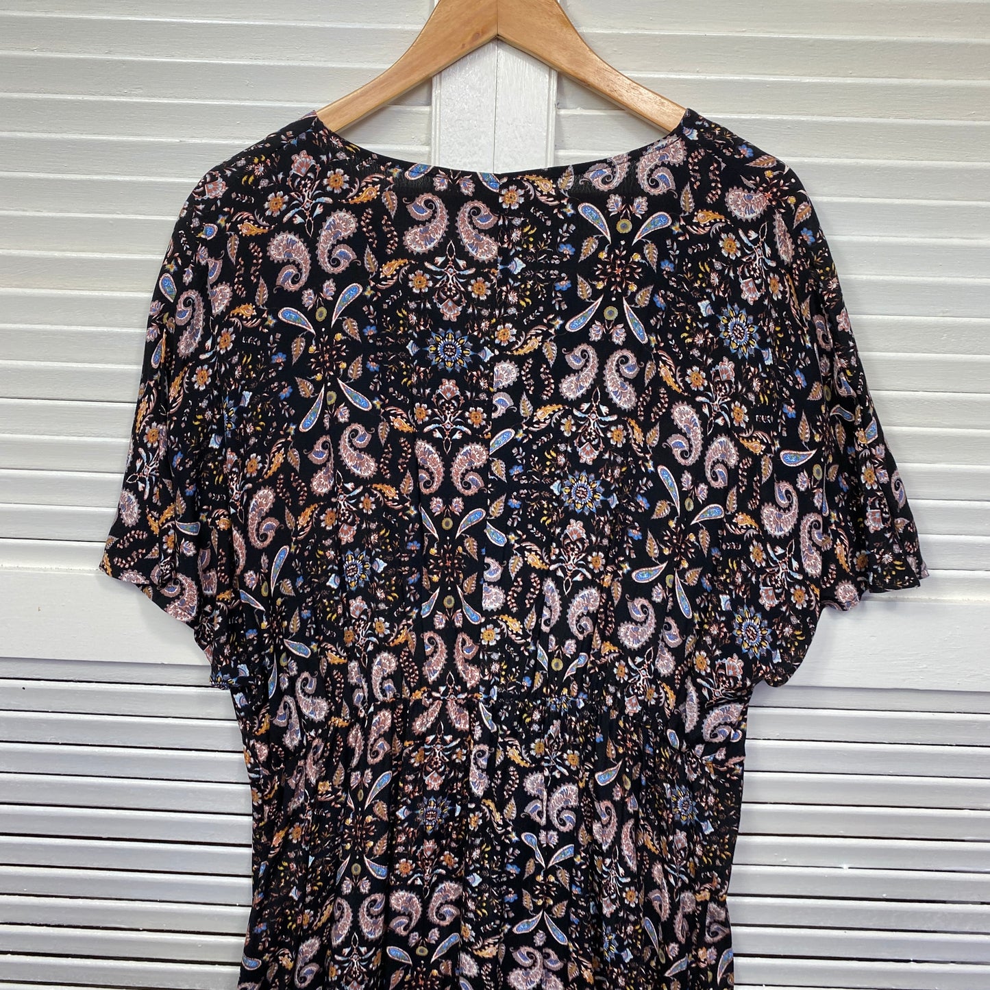 Katies Maxi Dress Size 14 Black Paisley Print Short Sleeve Viscose