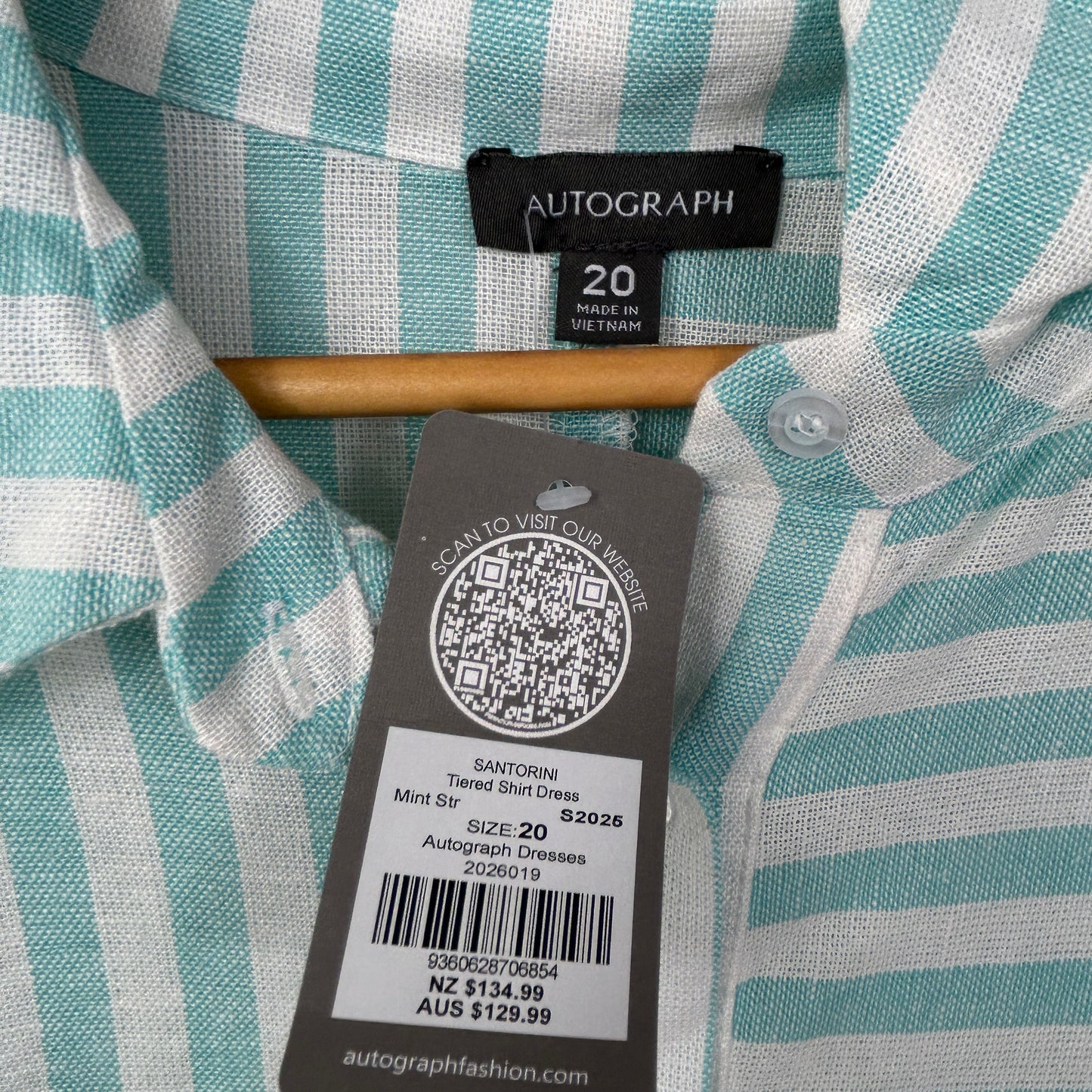 Autograph Mint & White Striped Tiered Shirt Dress - Size 20